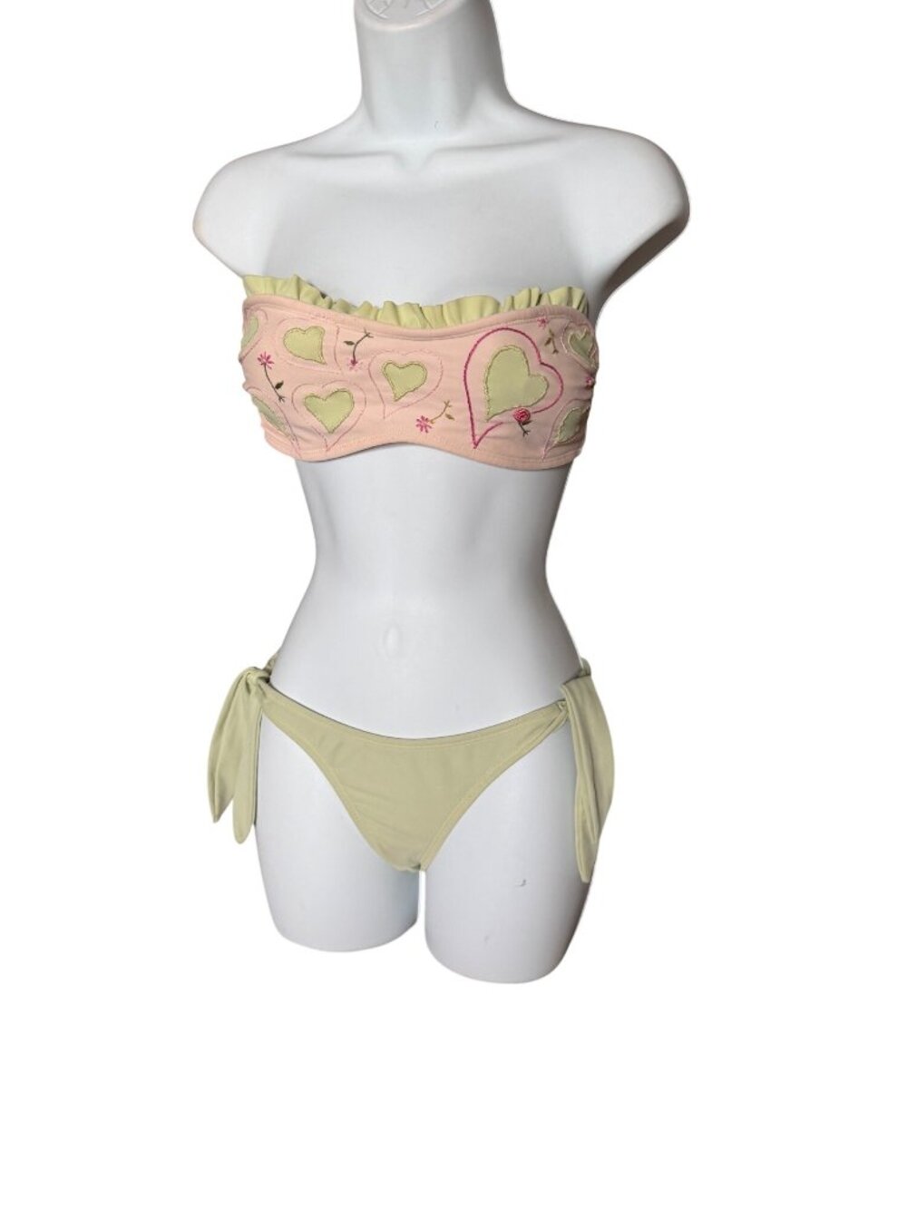 Sofia Pink & Green Bandeau Bikini Set With Heart Embroidery & Ruffle Trim